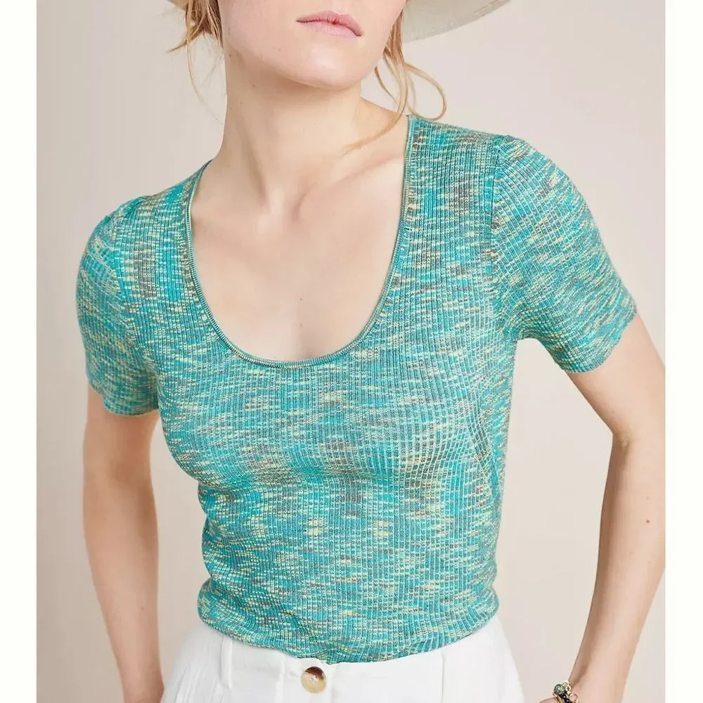Anthropologie Women's M Green Scoop Neck Short Sleeve Sweater Ribbed Tee